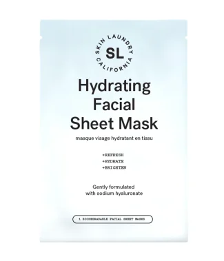 A white and light blue single-use pouch of Skin Laundry Hydrating Facial Sheet Mask, featuring the brand logo and product name, with benefits "+REFRESH +HYDRATE +BRIGHTEN" and noting it's "Gently formulated with sodium hyaluronate" and "1 BIODEGRADABLE FACIAL SHEET MASK."