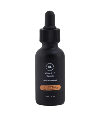 A black dropper bottle of Skin Laundry Vitamin C Serum, highlighting "7.5% VITAMIN C 6.0% ALPHA ARBUTIN 1.0% ENDIMOIST® 4HA" on its label, presented against a white background.