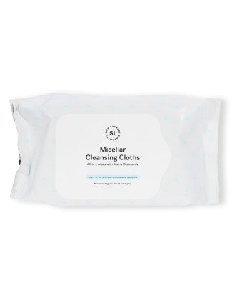 A white resealable pack of Skin Laundry Micellar Cleansing Cloths, featuring the brand logo and product name, indicating "All-in-1 wipes with Aloe & Chamomile," and "Non-comedogenic. For all skin types."