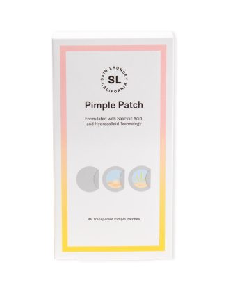 A white box of Skin Laundry Pimple Patches, featuring the brand logo, product name, and text indicating it's "Formulated with Salicylic Acid and Hydrocolloid Technology." It also shows "48 Transparent Pimple Patches" and three illustrative icons for patch effects.